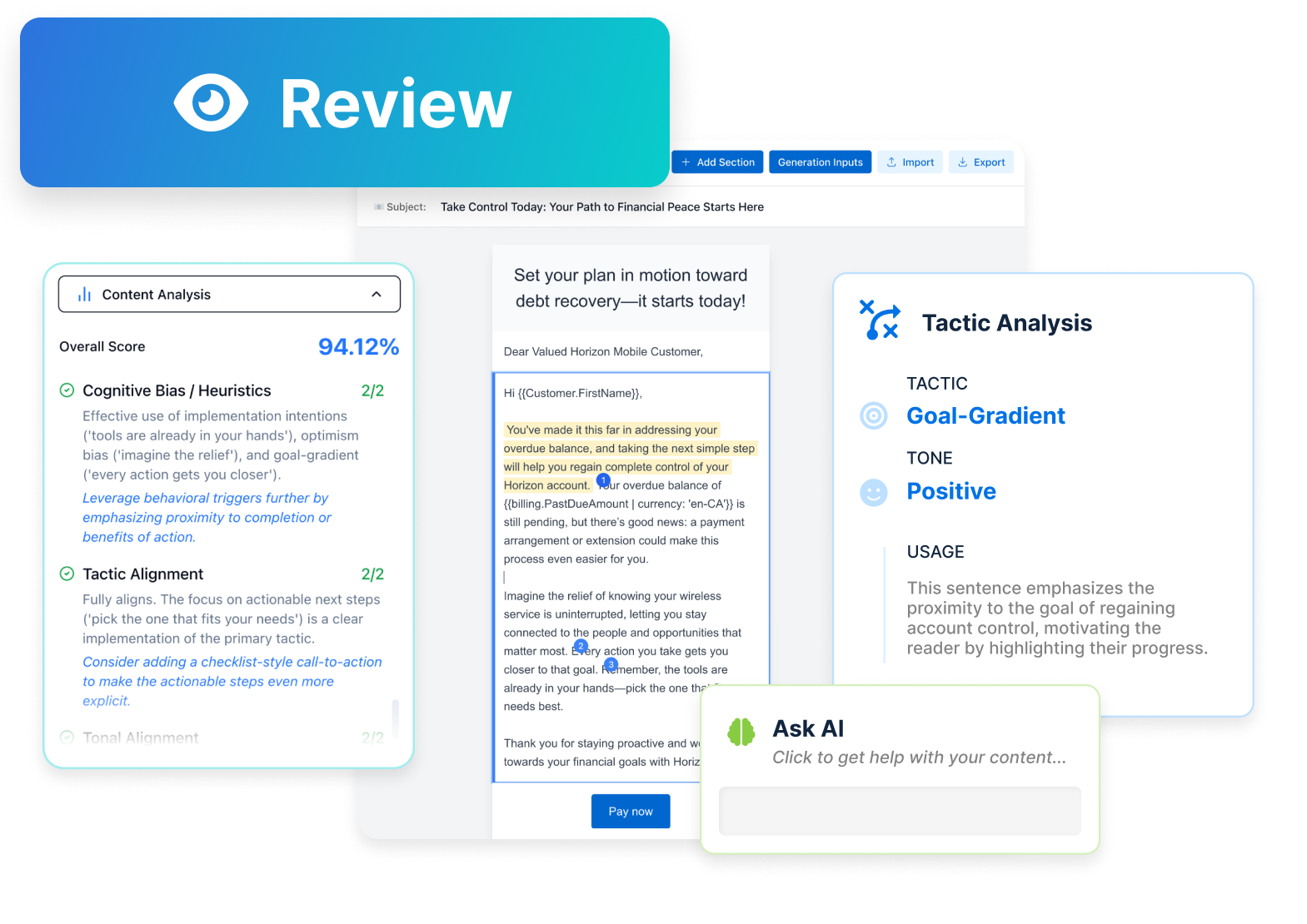 AI message review dashboard displaying engagement content with behavioral science tactics and approval workflow