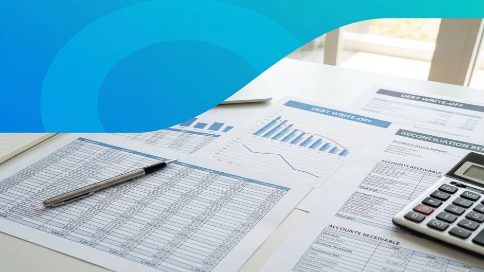 Financial reports with charts, a pen and a calculator on a desk
