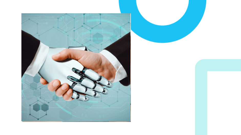 A human hand shaking a robotic hand against a digital network background