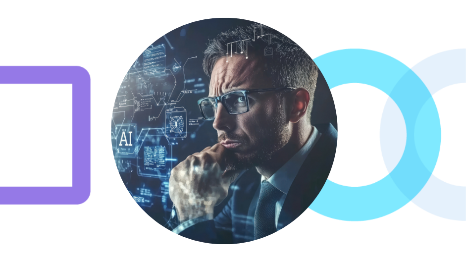 A thoughtful businessman in glasses in front of a digital AI interface