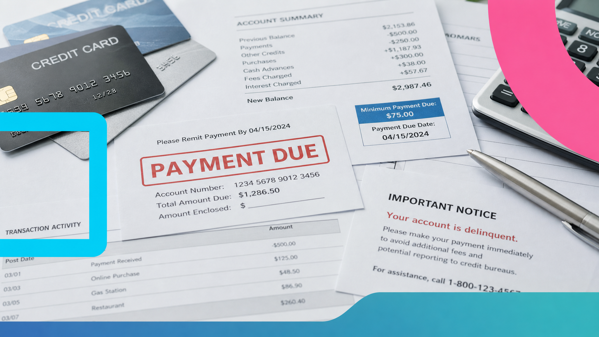 Credit card statement with payment due notice representing the credit card delinquency collections challenge facing card issuers in 2026