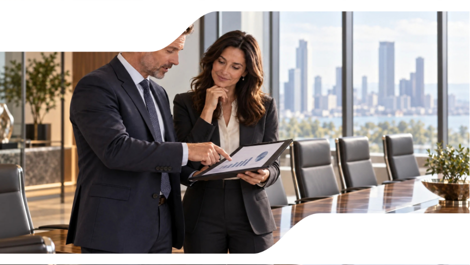 A finance leader and a collections operations leader reviewing a three-year cost projection together in a modern office