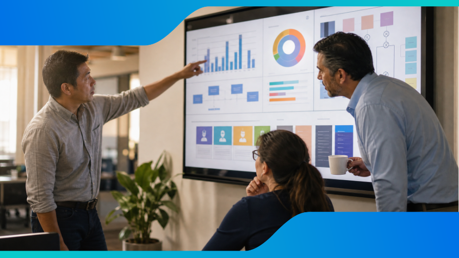Enterprise collections and operations leaders reviewing behavioral engagement analytics dashboards on a large screen