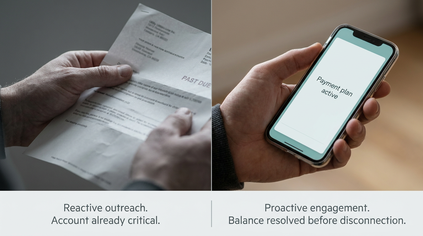 Split-frame comparison: reactive outreach (a past-due paper notice, account already critical) versus proactive engagement (a phone showing a payment plan active, balance resolved before disconnection)