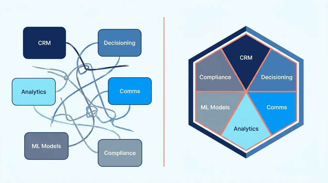 Left: a tangled mess of disconnected collections stack components — CRM, Decisioning, Comms, Analytics, ML Models, Compliance — connected by frayed lines. Right: the same components arranged as clean connected wedges inside a single unified hexagon.